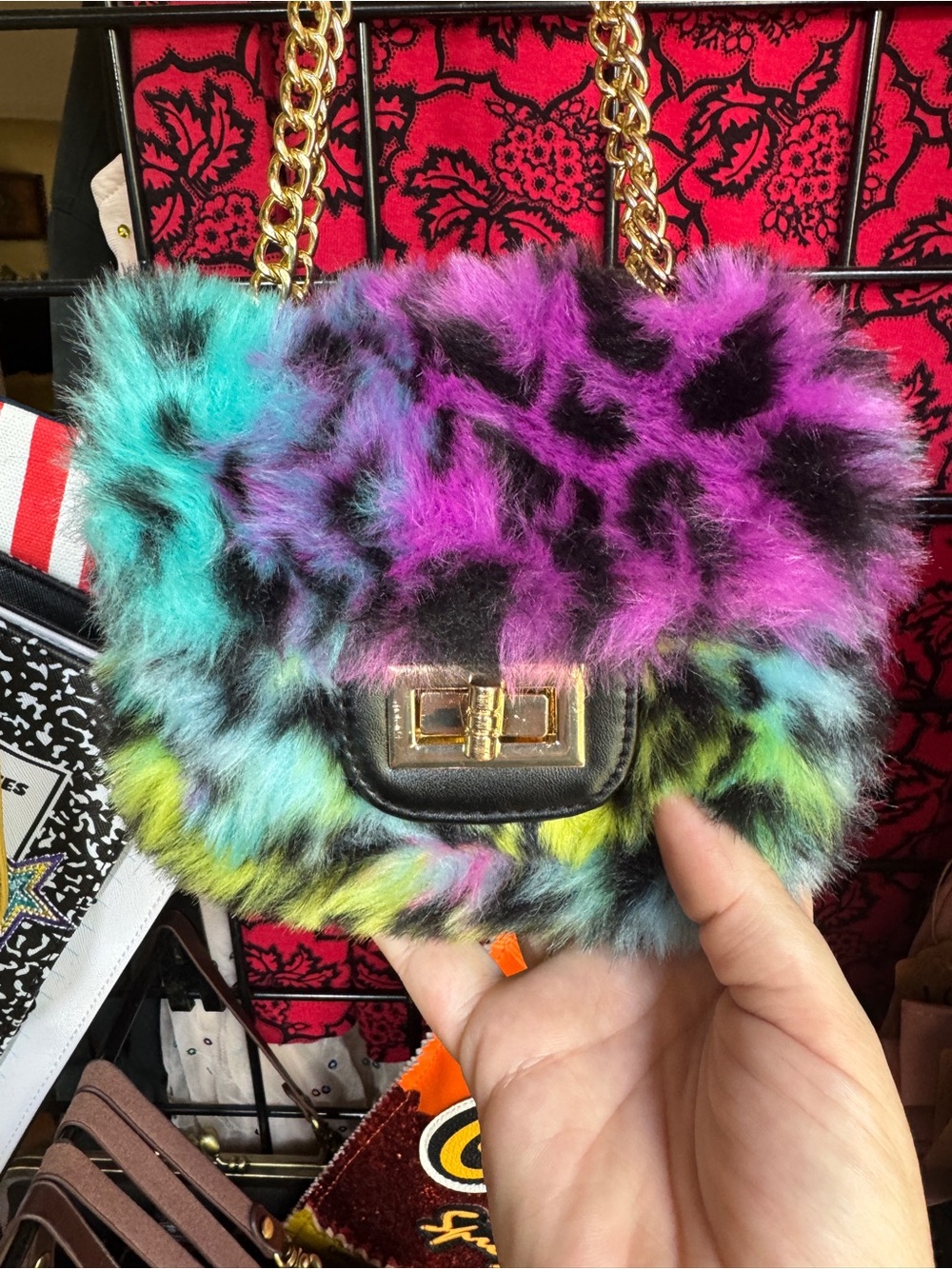 NWOT 3am Lisa Frank Style Faux Fur  Rainbow Leopard Mini Gold Chain Bag